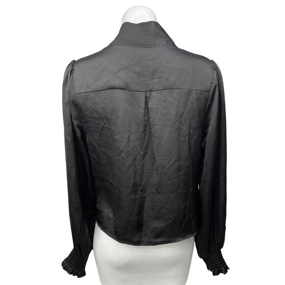 AQUA Black Silk Satin Long Sleeve Smocked Cuffed Deep V Neck Blouse Top Size S - Picture 2 of 3